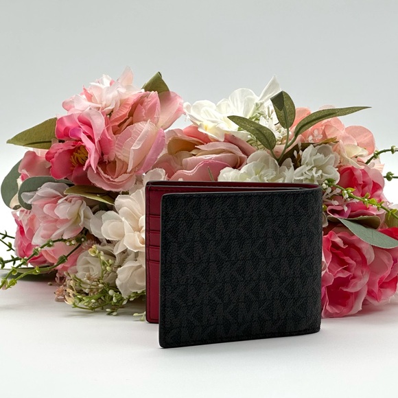 Michael Kors Men’s  Monogram Barcelona Billfold Wallet Black Scarlet - Picture 5 of 13